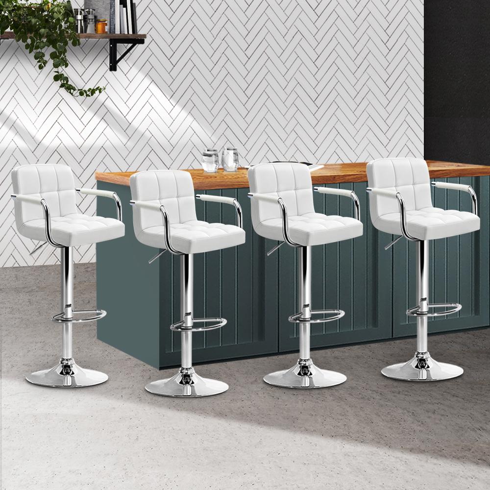 Artiss Set of 4 Bar Stools in white faux leather with chrome steel base, featuring gas lift swivel and ergonomic design.